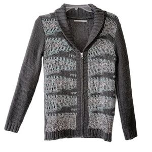 Rubbish | Gray Turquoise Wool Blend Shawl Collar Zip Up Crochet Sweater, Small